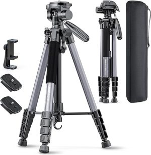 74"-Camera-Tripod, Professional Aluminum Tripod/Leg Stand Mirrorless Camera/DSLR/Cell Phone/Camcorder/GoPro, with Phone Holder and Travel Bag (Gunmetal Gray) Weight 2.8 lbs Load 8.8 lbs